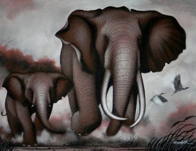 Elefantenkuh mit Kalb (75 cm x 95 cm)